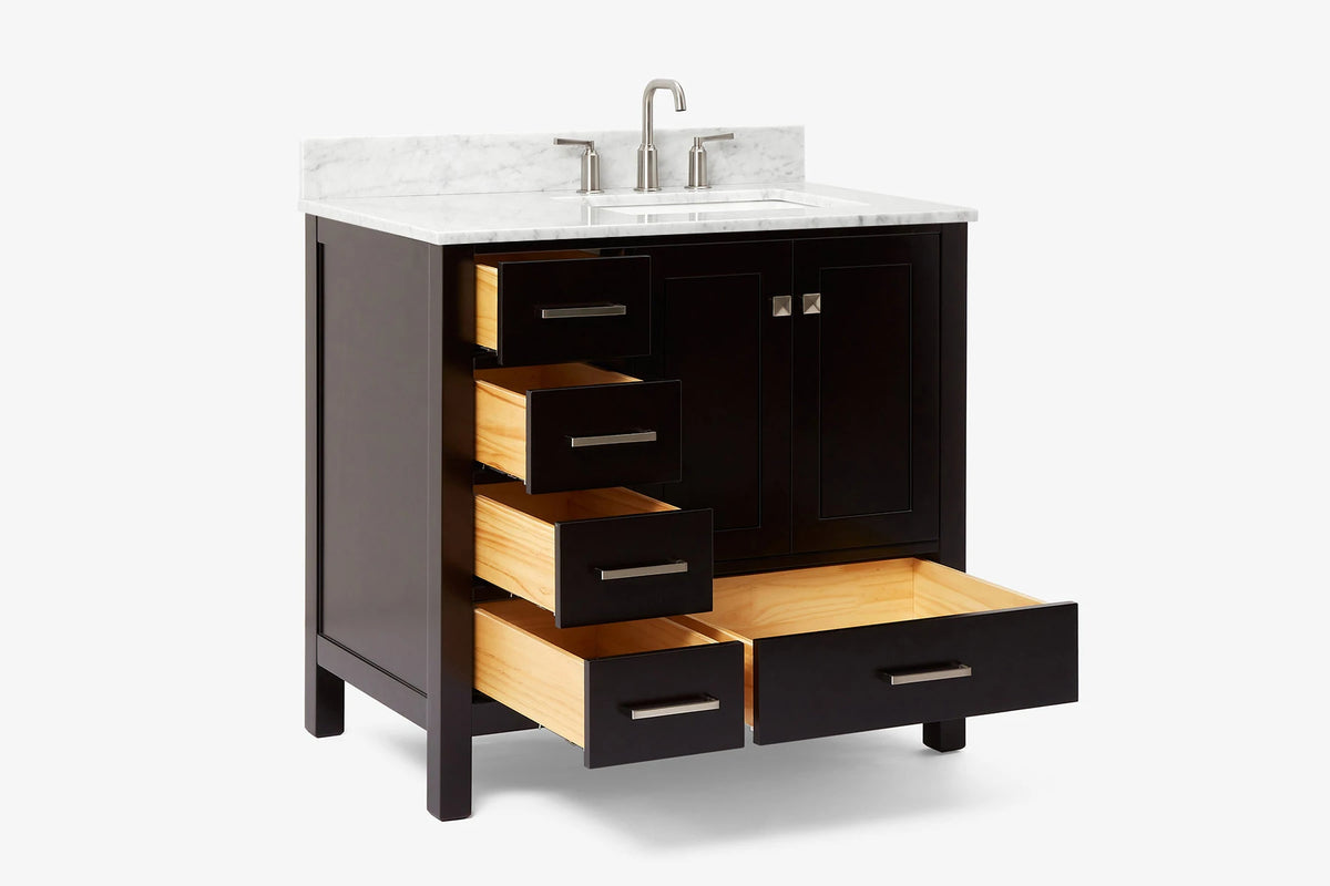 Ariel cambridge 36-37 in. right offset rectangle single sink vanity with carrara (0.75,1.5,2) in countertop