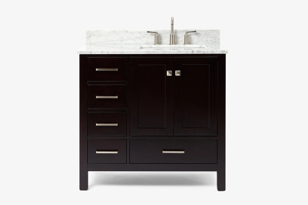 Ariel cambridge 36-37 in. right offset rectangle single sink vanity with carrara (0.75,1.5,2) in countertop