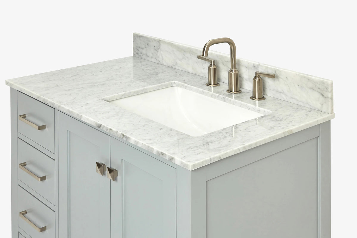 Ariel cambridge 36-37 in. right offset rectangle single sink vanity with carrara (0.75,1.5,2) in countertop