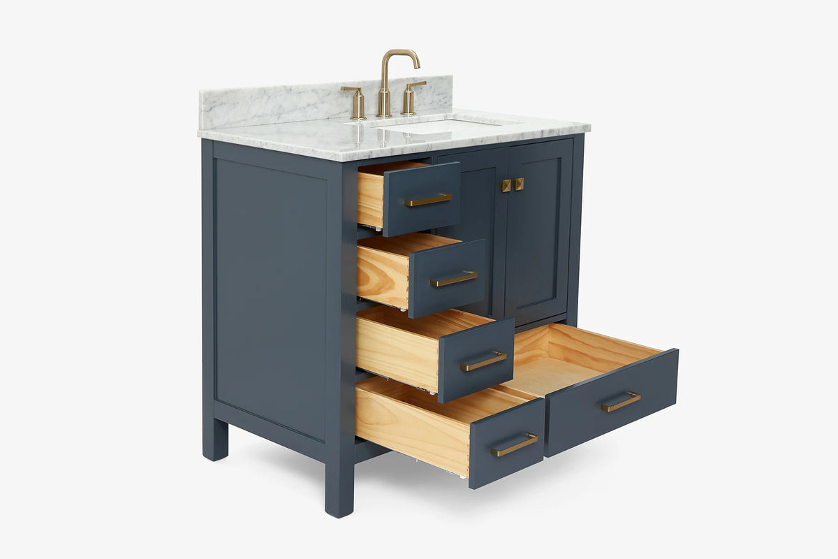 Ariel cambridge 36-37 in. right offset rectangle single sink vanity with carrara (0.75,1.5,2) in countertop