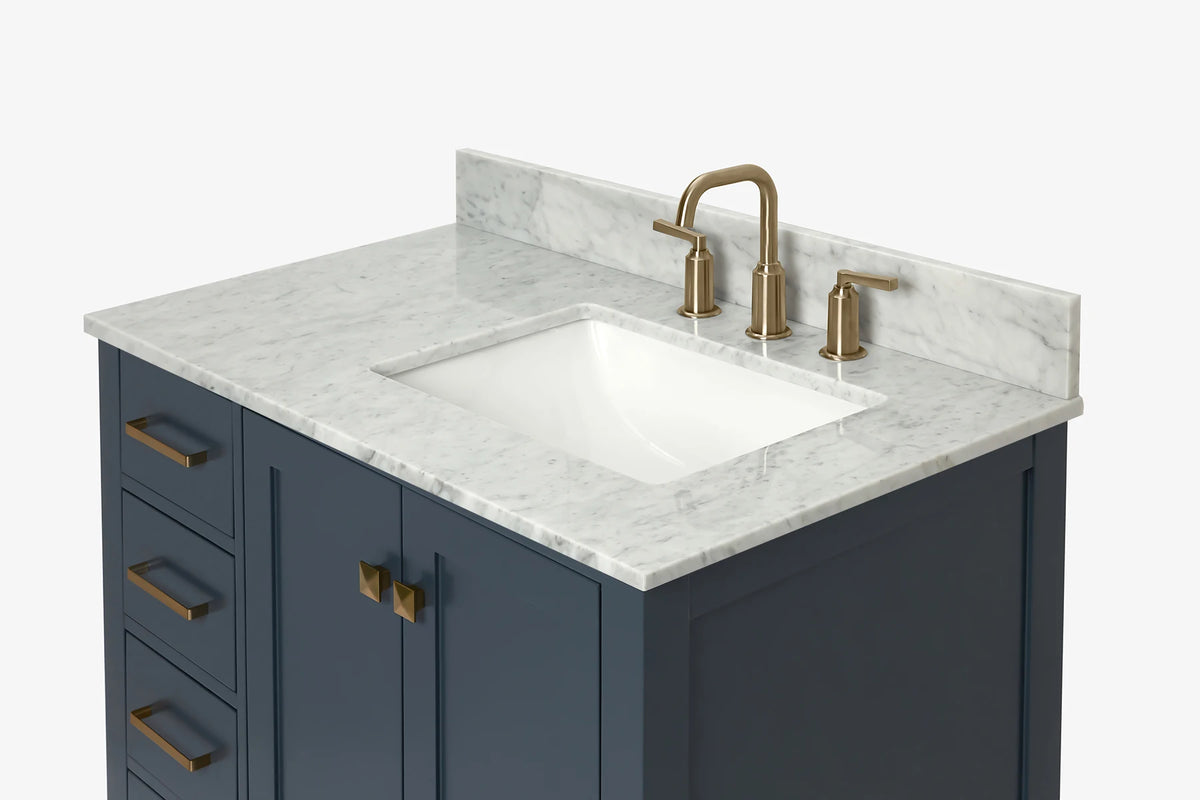 Ariel cambridge 36-37 in. right offset rectangle single sink vanity with carrara (0.75,1.5,2) in countertop
