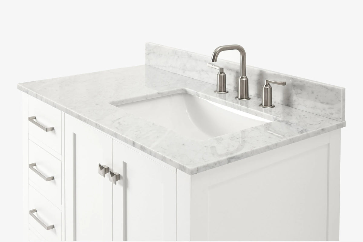 Ariel cambridge 36-37 in. right offset rectangle single sink vanity with carrara (0.75,1.5,2) in countertop