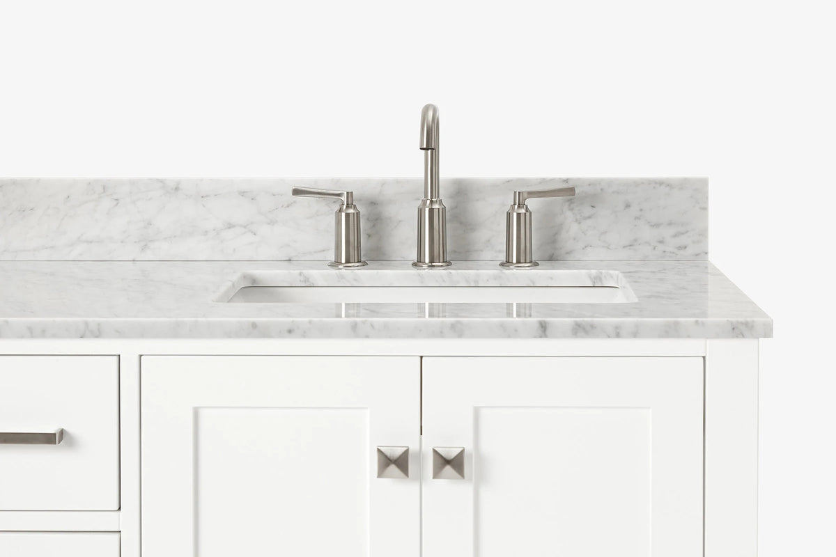 Ariel cambridge 36-37 in. right offset rectangle single sink vanity with carrara (0.75,1.5,2) in countertop