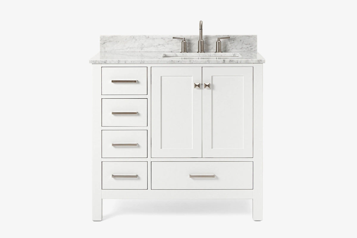 Ariel cambridge 36-37 in. right offset rectangle single sink vanity with carrara (0.75,1.5,2) in countertop