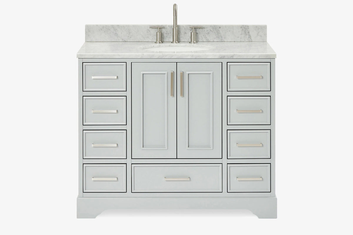 Skip to the beginning of the images gallery Ariel stafford 43 inch single oval sink vanity with carrara white marble countertop w/0.75" edge in white