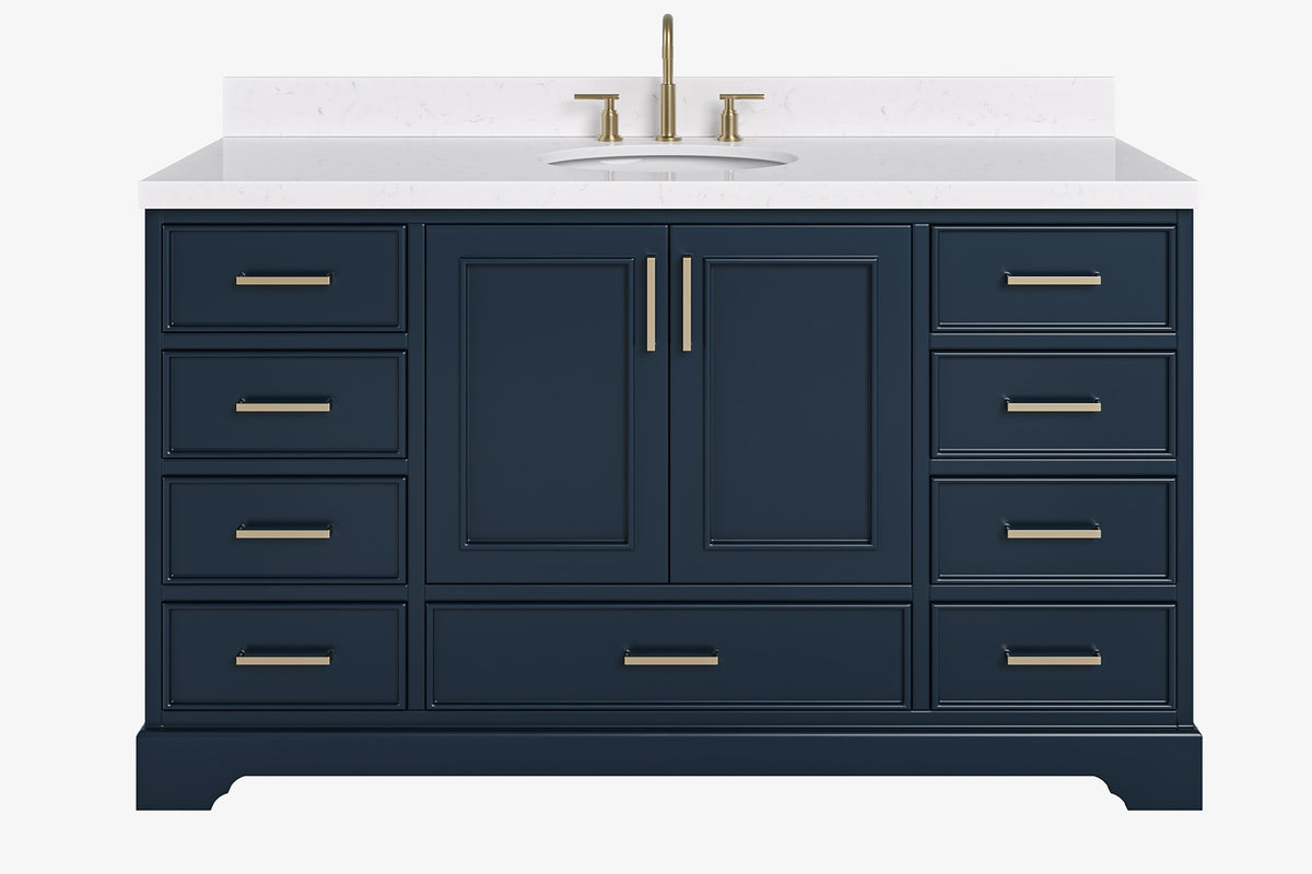 Ariel stafford 61 inch single oval sink vanity with carrara white marble countertop w/0.75" edge in midnight blue