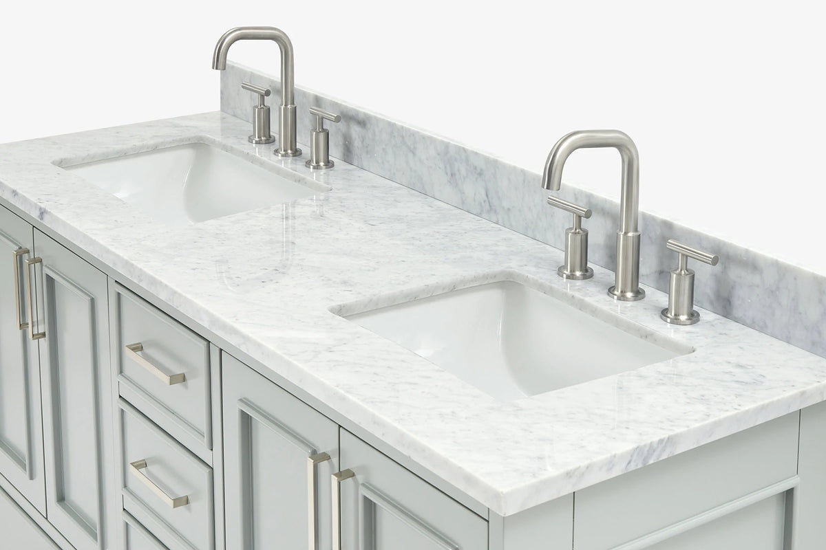 Ariel stafford 61 inch double rectangle sink vanity with carrara white marble countertop w/0.75" edge in white
