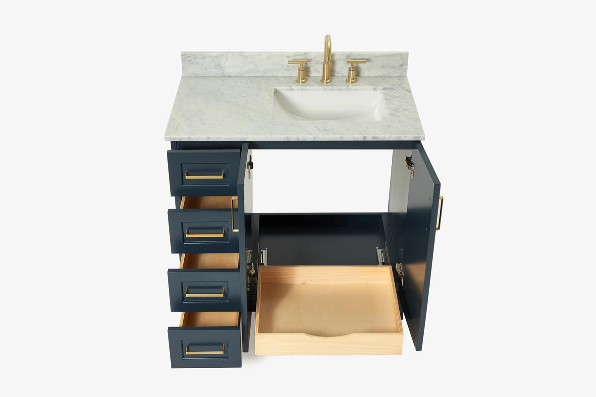 Ariel taylor (36"& 37") right offset single rectangle sink vanity with marble (0.75" & 1.5")countertop.