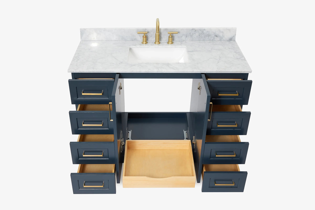 Ariel taylor (36"& 37") left offset single rectangle sink vanity with marble (0.75"& 1.5") countertop.