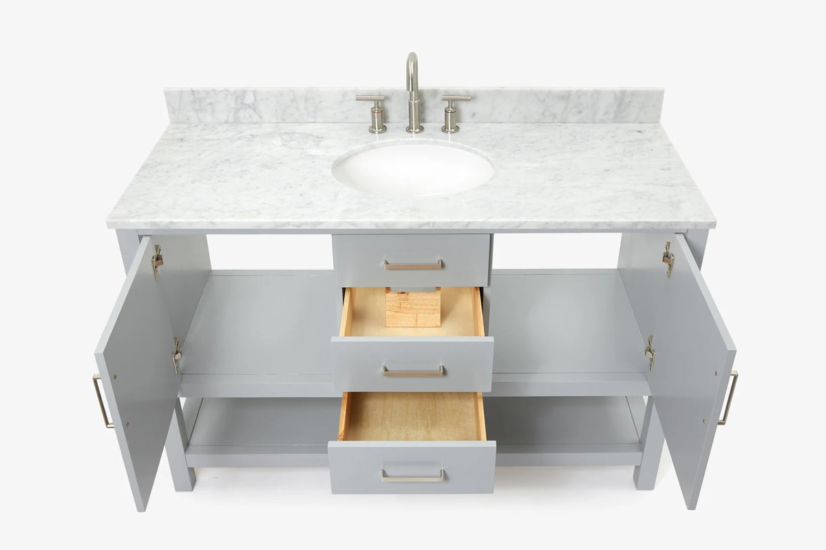 Ariel bayhill 54-55 in. oval sink vanity with carrara white marble (0.75,1.5) countertop