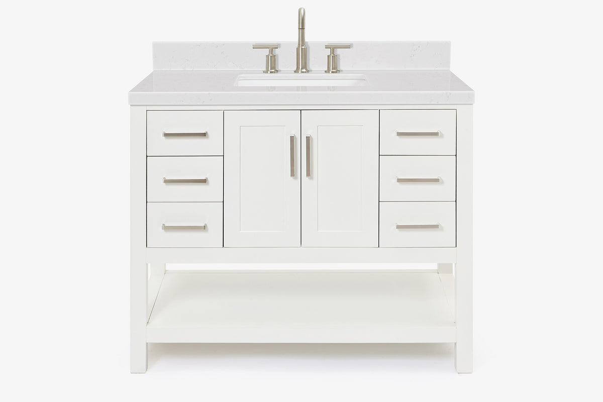 Ariel magnolia 43 in. rectangle sink vanity with 1.5 in. carrara white countertop in white