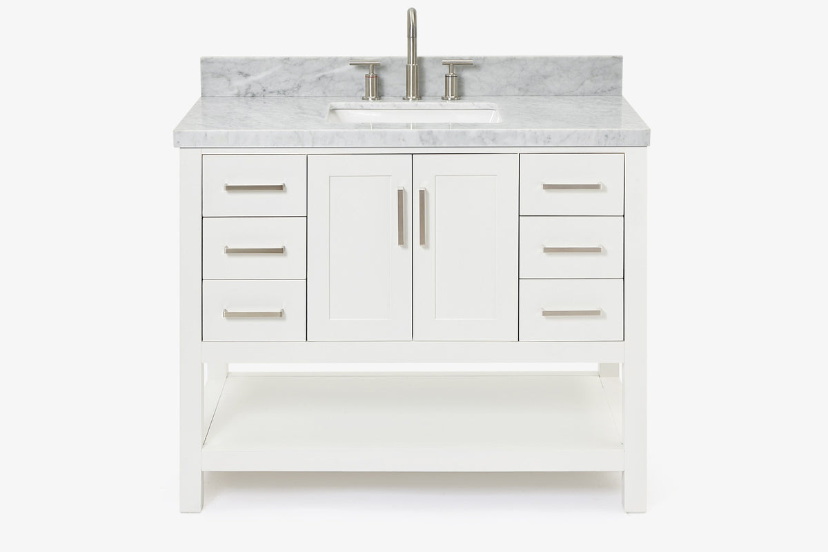 Ariel magnolia 43 in. rectangle sink vanity with 1.5 in. carrara white countertop in white