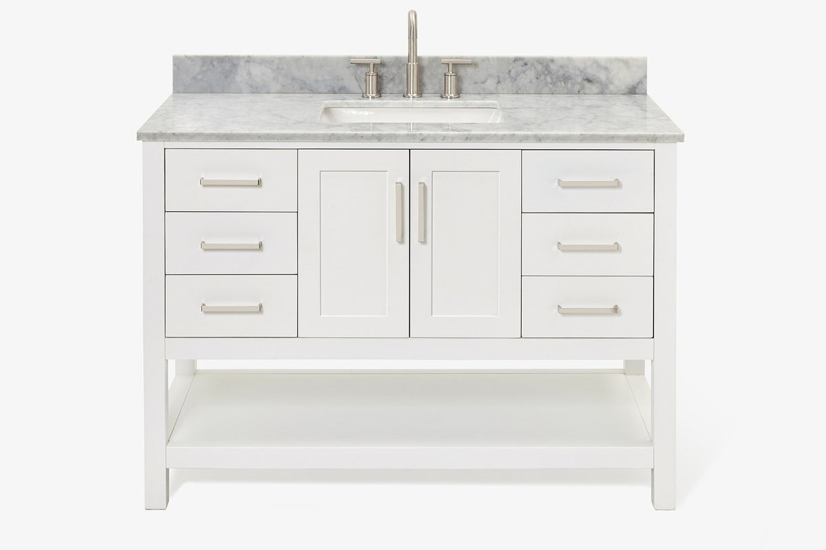 Ariel magnolia 49 in. rectangle sink vanity with 0.75 in. carrara white marble countertop in white
