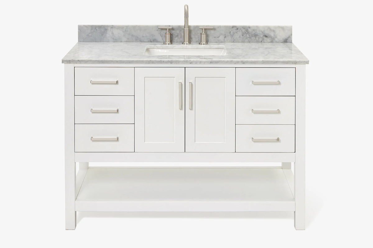 Ariel magnolia 49 in. rectangle sink vanity with 0.75 in. carrara white marble countertop in white