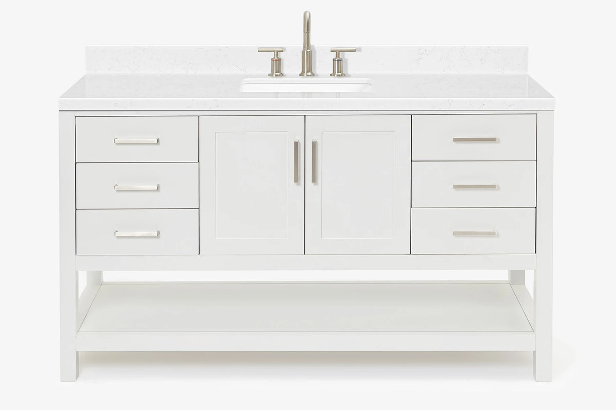 Ariel magnolia 61 in. rectangle sink vanity with 0.75 in. carrara white marble countertop in white