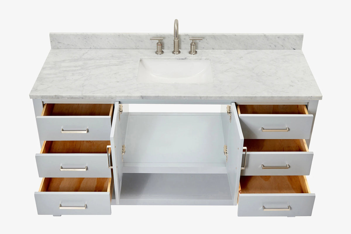 Ariel magnolia 61 in. rectangle sink vanity with 0.75 in. carrara white marble countertop in white