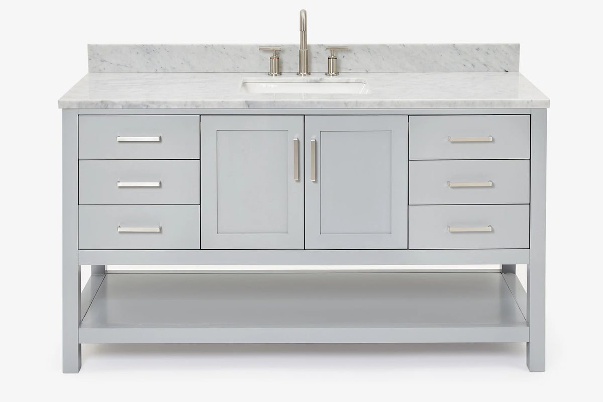 Ariel magnolia 61 in. rectangle sink vanity with 0.75 in. carrara white marble countertop in white