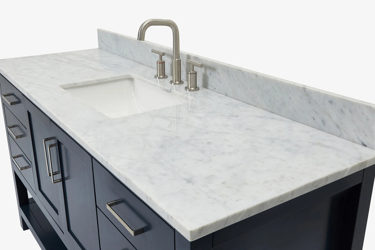 Ariel magnolia 61 in. rectangle sink vanity with 0.75 in. carrara white marble countertop in white