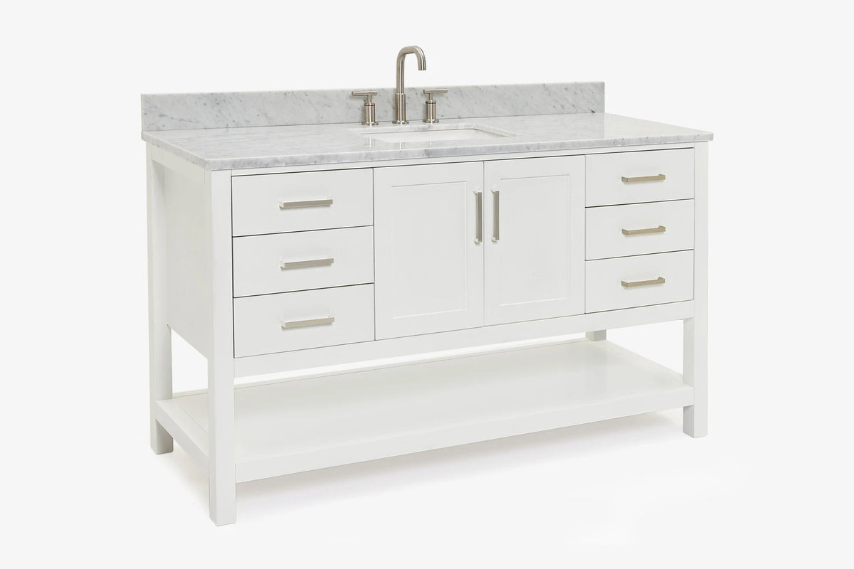 Ariel magnolia 61 in. rectangle sink vanity with 0.75 in. carrara white marble countertop in white