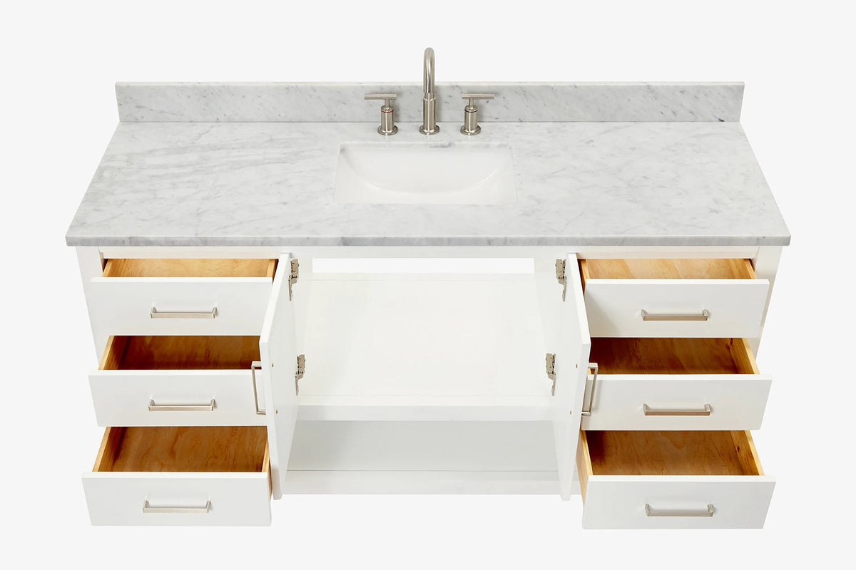 Ariel magnolia 61 in. rectangle sink vanity with 0.75 in. carrara white marble countertop in white