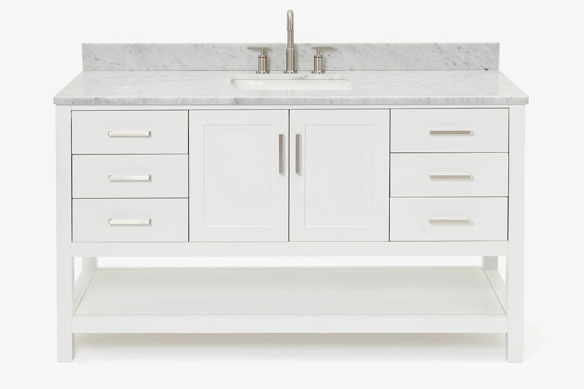 Ariel magnolia 61 in. rectangle sink vanity with 0.75 in. carrara white marble countertop in white