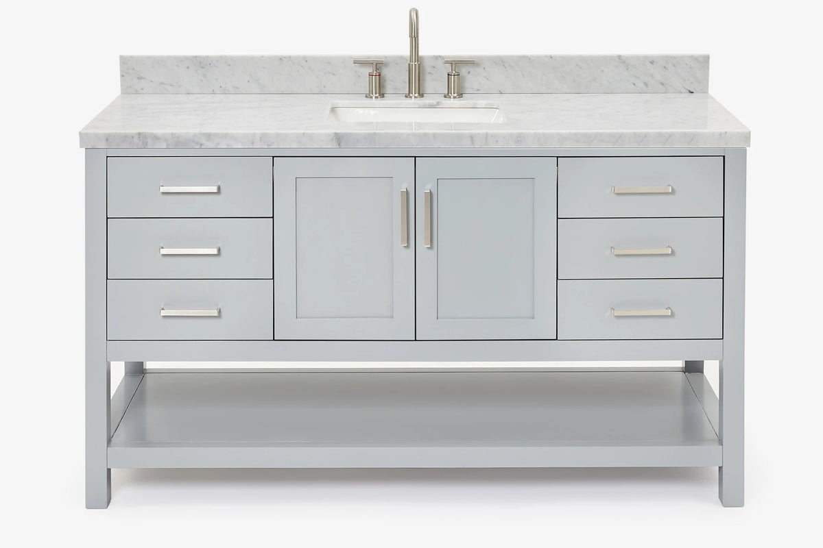 Ariel magnolia 61 in. rectangle sink vanity with 0.75 in. carrara white marble countertop in white