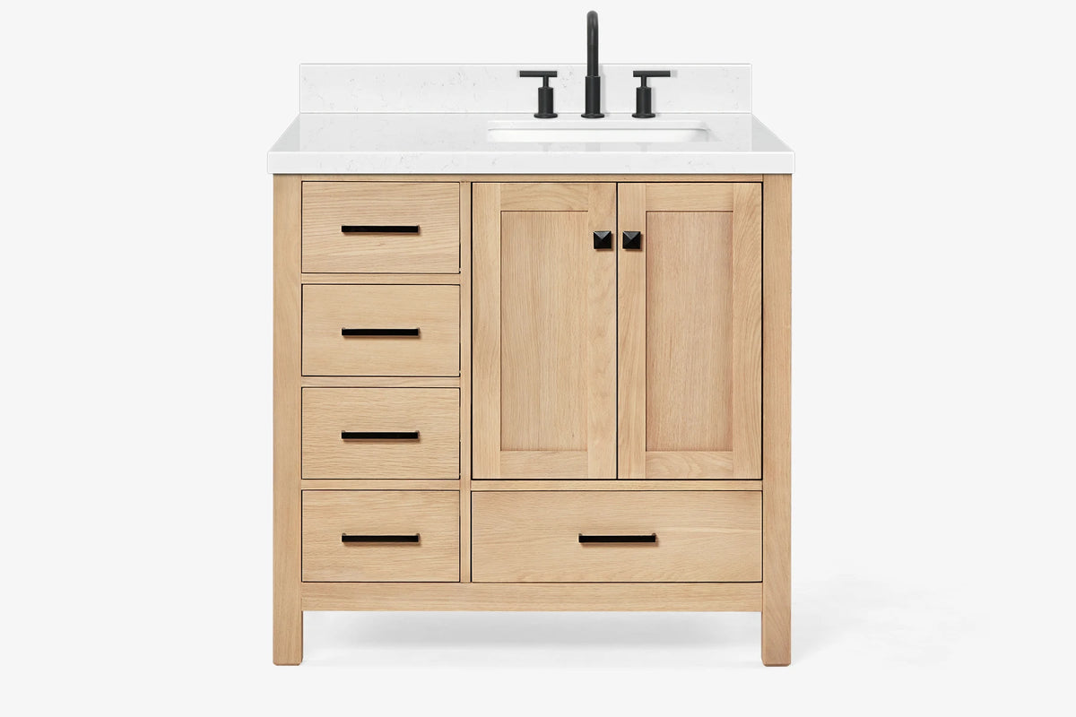 Ariel cambridge 36-37 in. right offset rectangle single sink vanity with carrara (0.75,1.5,2) in countertop