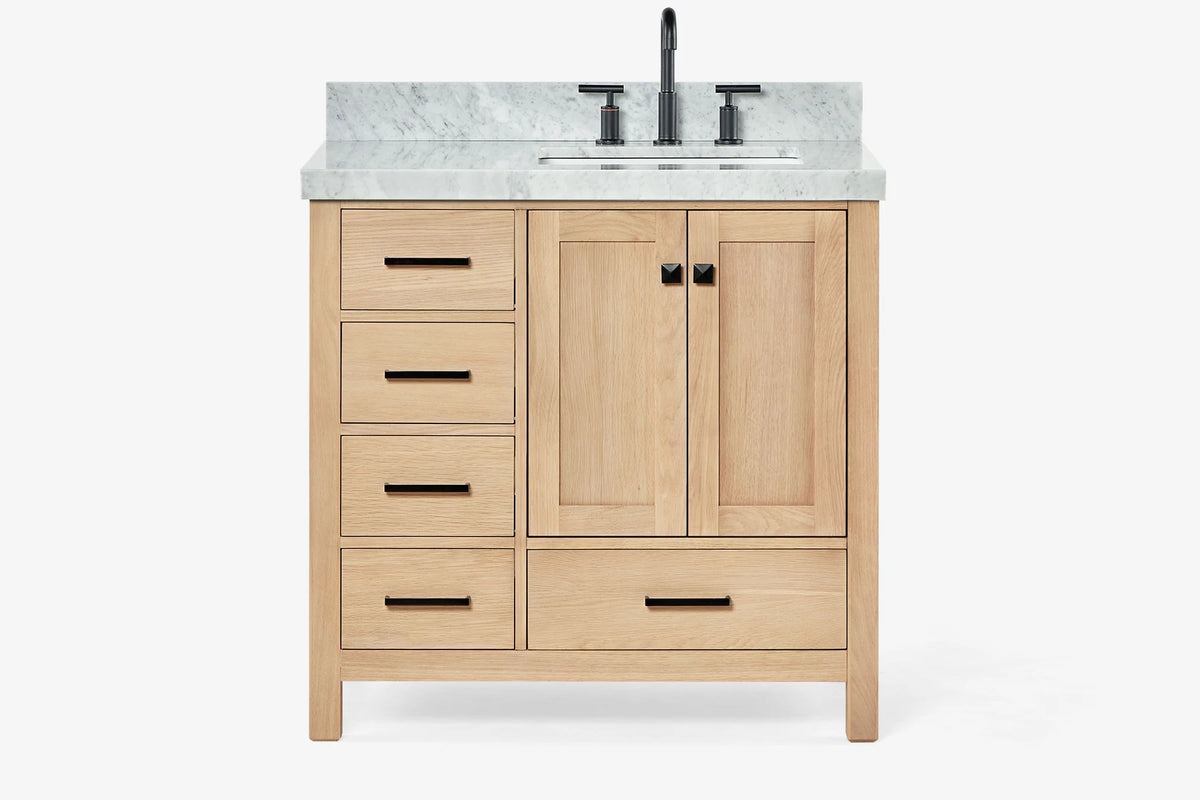 Ariel cambridge 36-37 in. right offset rectangle single sink vanity with carrara (0.75,1.5,2) in countertop