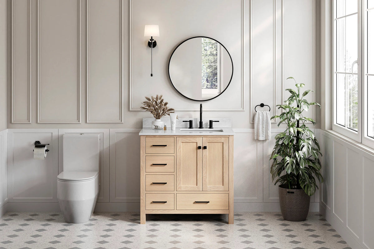 Ariel cambridge 36-37 in. right offset rectangle single sink vanity with carrara (0.75,1.5,2) in countertop
