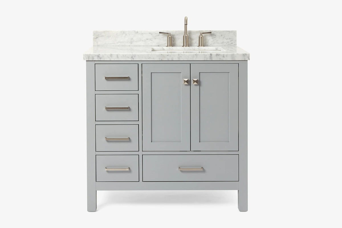 Ariel cambridge 36-37 in. right offset rectangle single sink vanity with carrara (0.75,1.5,2) in countertop