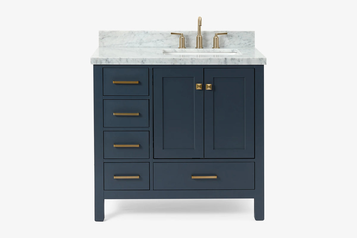 Ariel cambridge 36-37 in. right offset rectangle single sink vanity with carrara (0.75,1.5,2) in countertop
