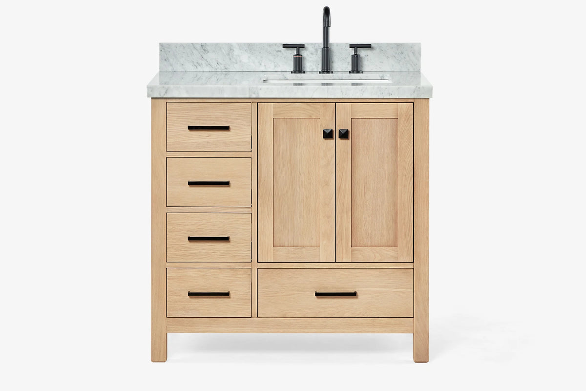 Ariel cambridge 36-37 in. right offset rectangle single sink vanity with carrara (0.75,1.5,2) in countertop