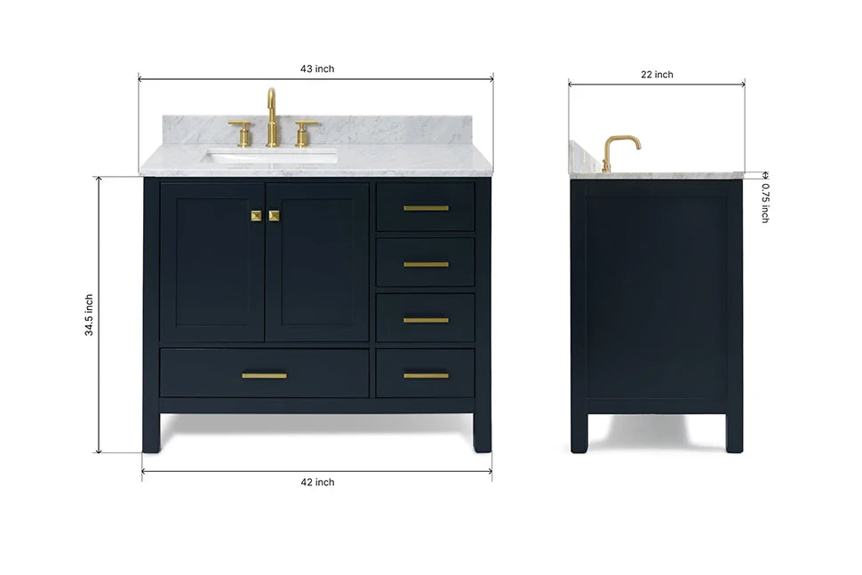 Ariel cambridge (43" & 42") left offset rectangle single sink vanity with marble (0.75", 1.5" & 2") in countertop