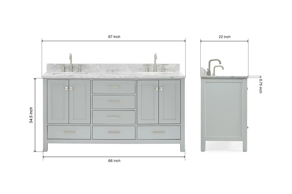 Ariel cambridge 66-67 inch double rectangle sink vanity with marble countertop with (0.75,1.5)in edge