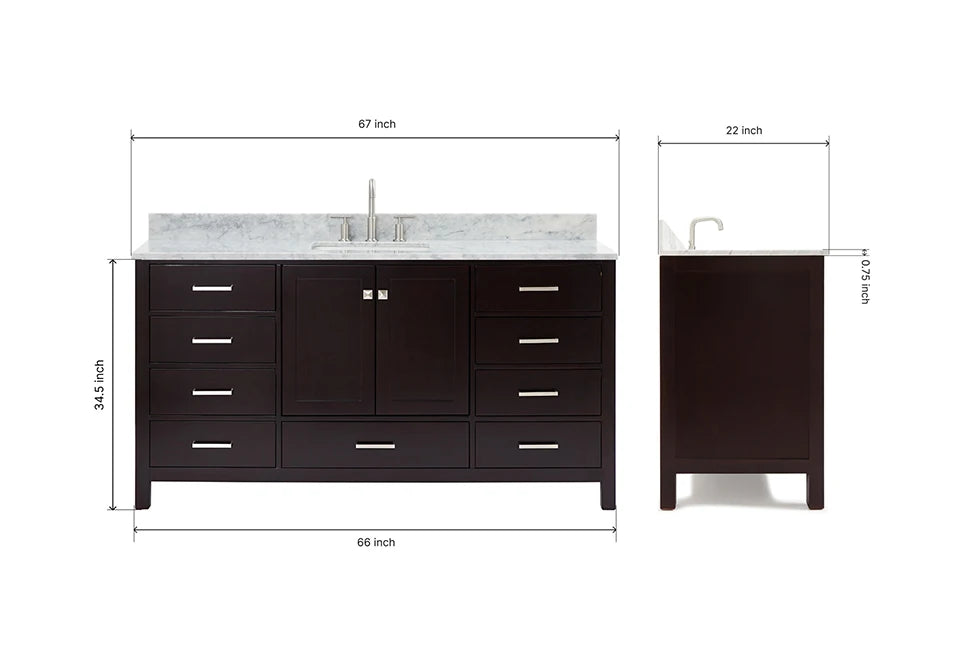 Ariel cambridge 66-67 inch single rectangle sink vanity with countertop with (0.75,1.5)in edge