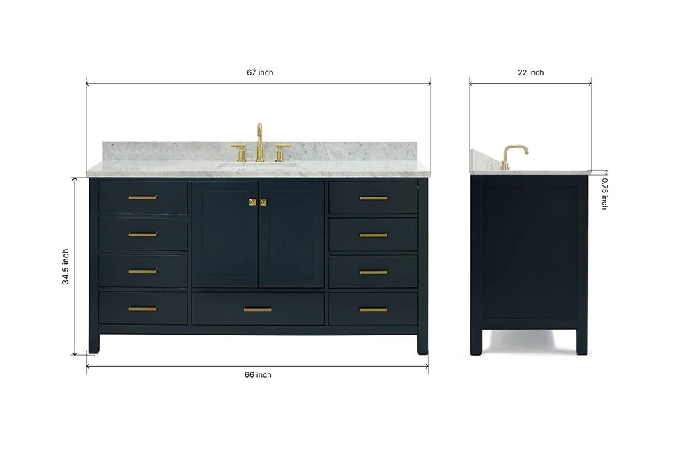 Ariel cambridge 66-67 inch single rectangle sink vanity with countertop with (0.75,1.5)in edge