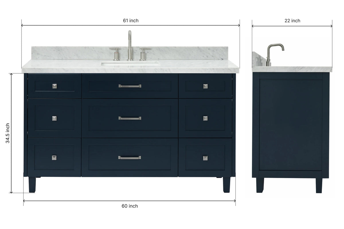 Ariel monroe 61 inch single rectangle sink bathroom vanity with countertop 1.5 inch edge