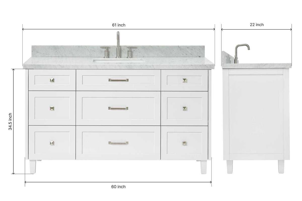 Ariel monroe 61 inch single rectangle sink bathroom vanity with countertop 1.5 inch edge