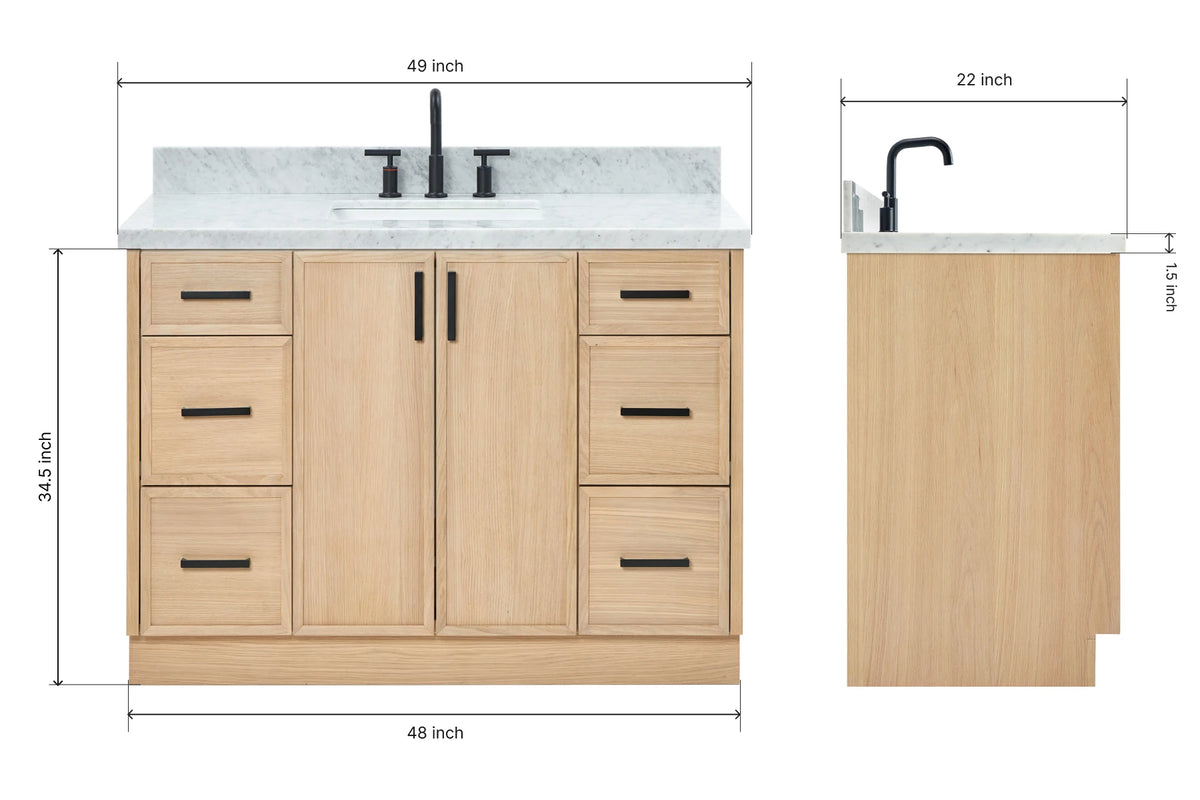 Ariel kelly 49 inch single rectangle sink bathroom vanity with carrara marble countertop 1.5 inch edge