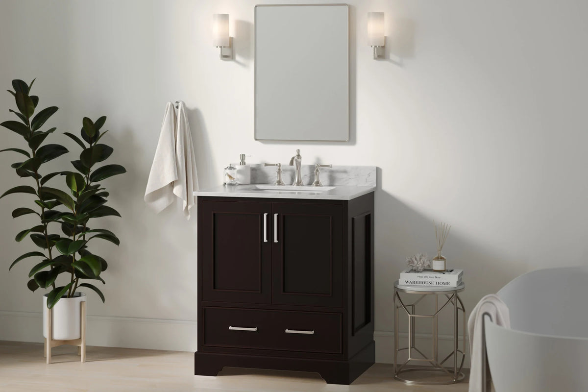 Ariel stafford 30.5 in. single rectangle sink vanity with carrara white marble countertop w/0.75" edge in white