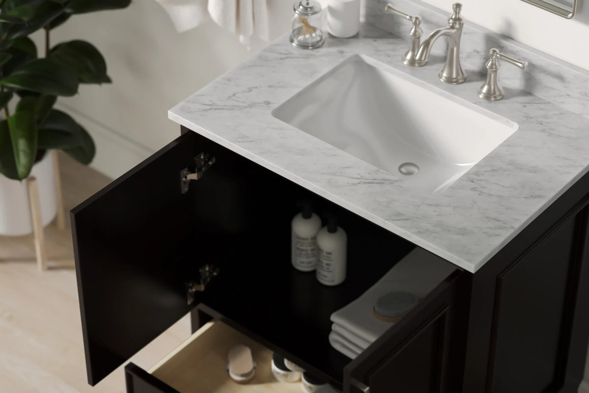 Ariel stafford 30.5 in. single rectangle sink vanity with carrara white marble countertop w/0.75" edge in white