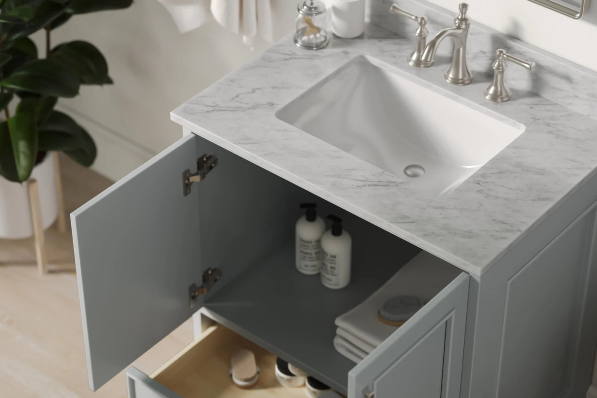 Ariel stafford 30.5 in. single rectangle sink vanity with carrara white marble countertop w/0.75" edge in white
