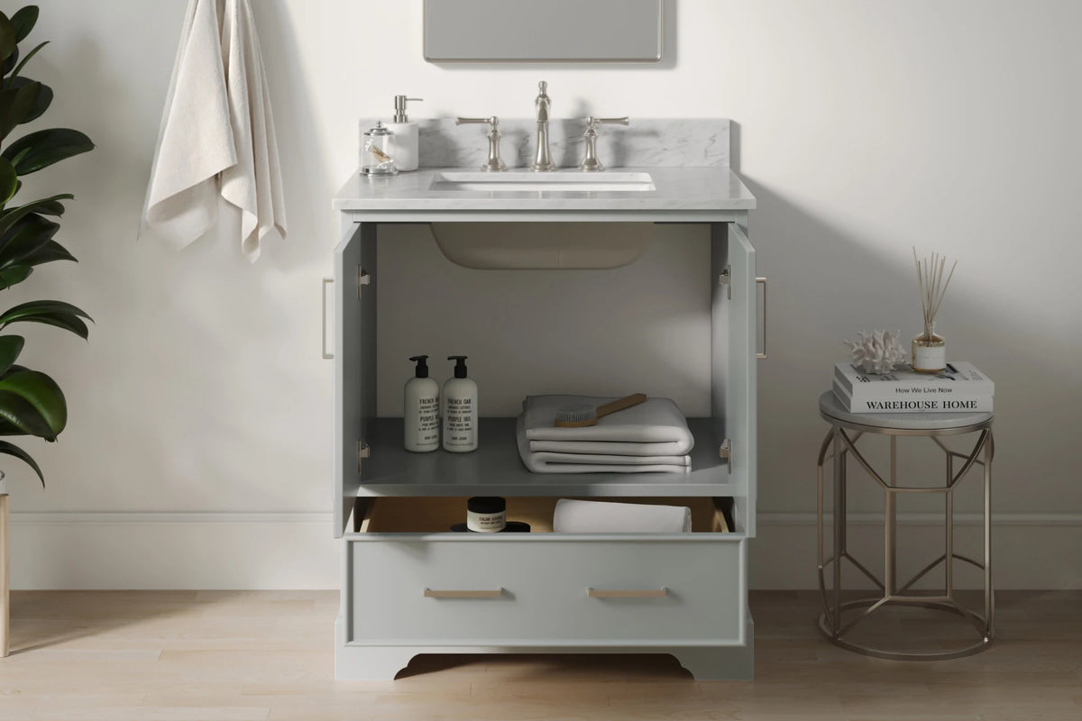 Ariel stafford 30.5 in. single rectangle sink vanity with carrara white marble countertop w/0.75" edge in white