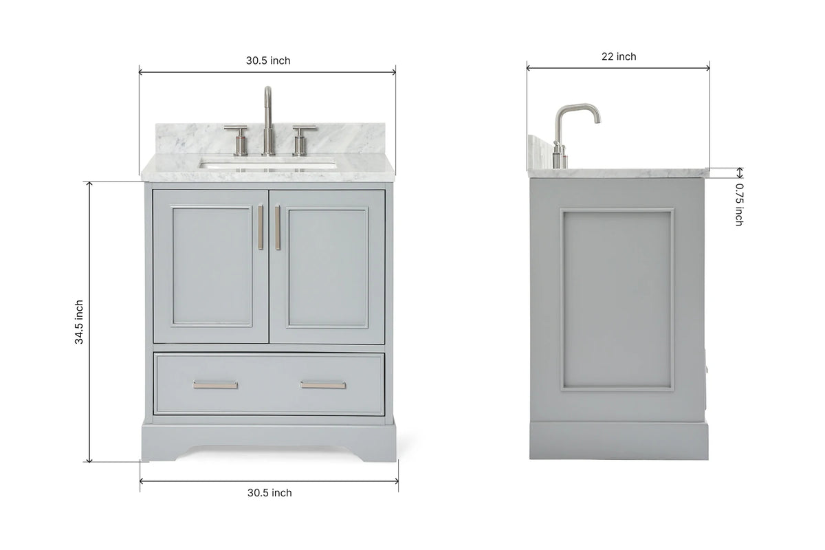 Ariel stafford 30.5 in. single rectangle sink vanity with carrara white marble countertop w/0.75" edge in white