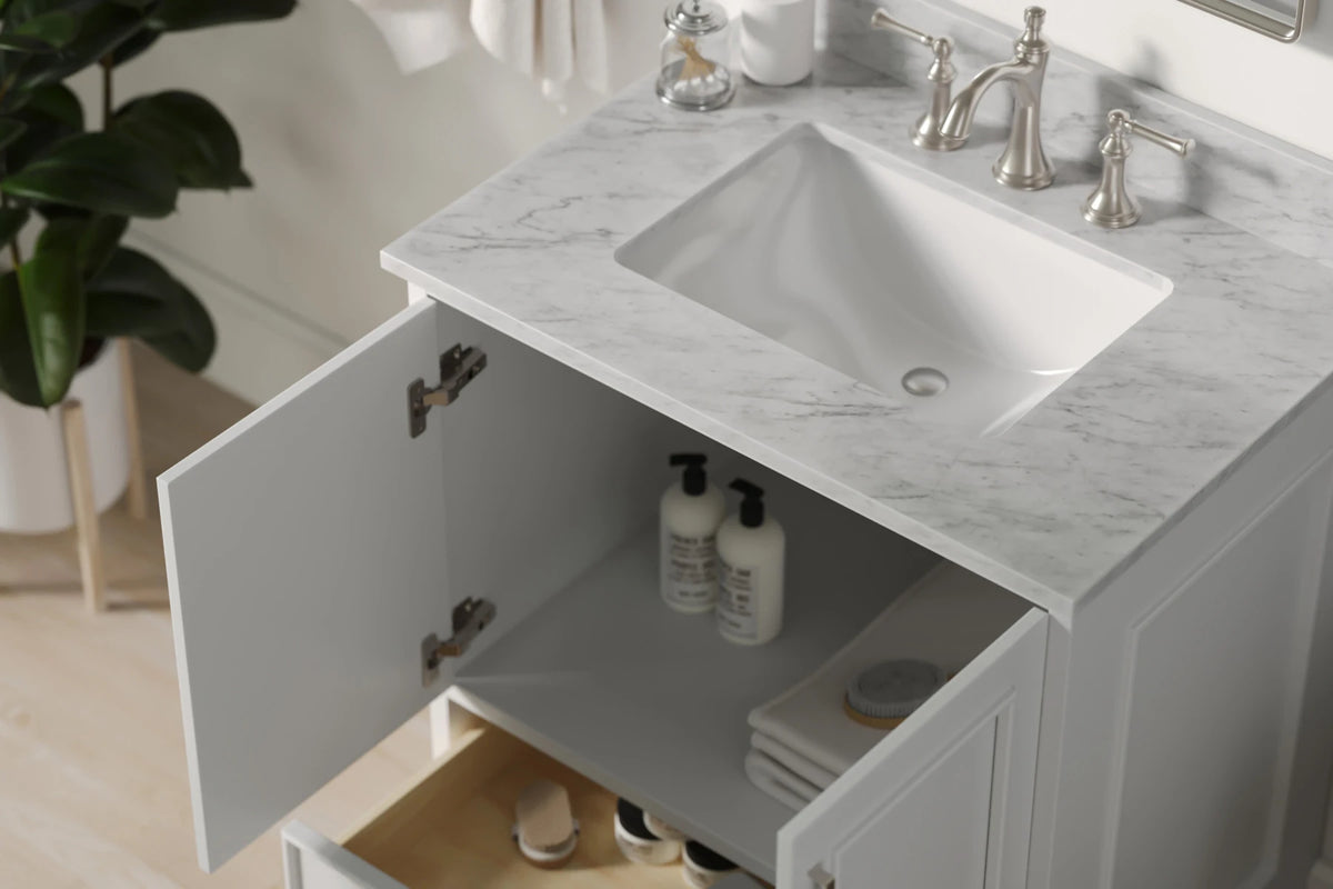 Ariel stafford 30.5 in. single rectangle sink vanity with carrara white marble countertop w/0.75" edge in white