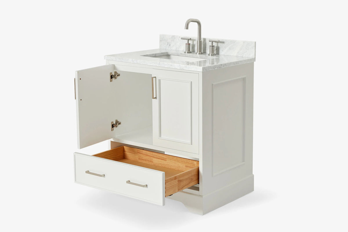 Ariel stafford 30.5 in. single rectangle sink vanity with carrara white marble countertop w/0.75" edge in white