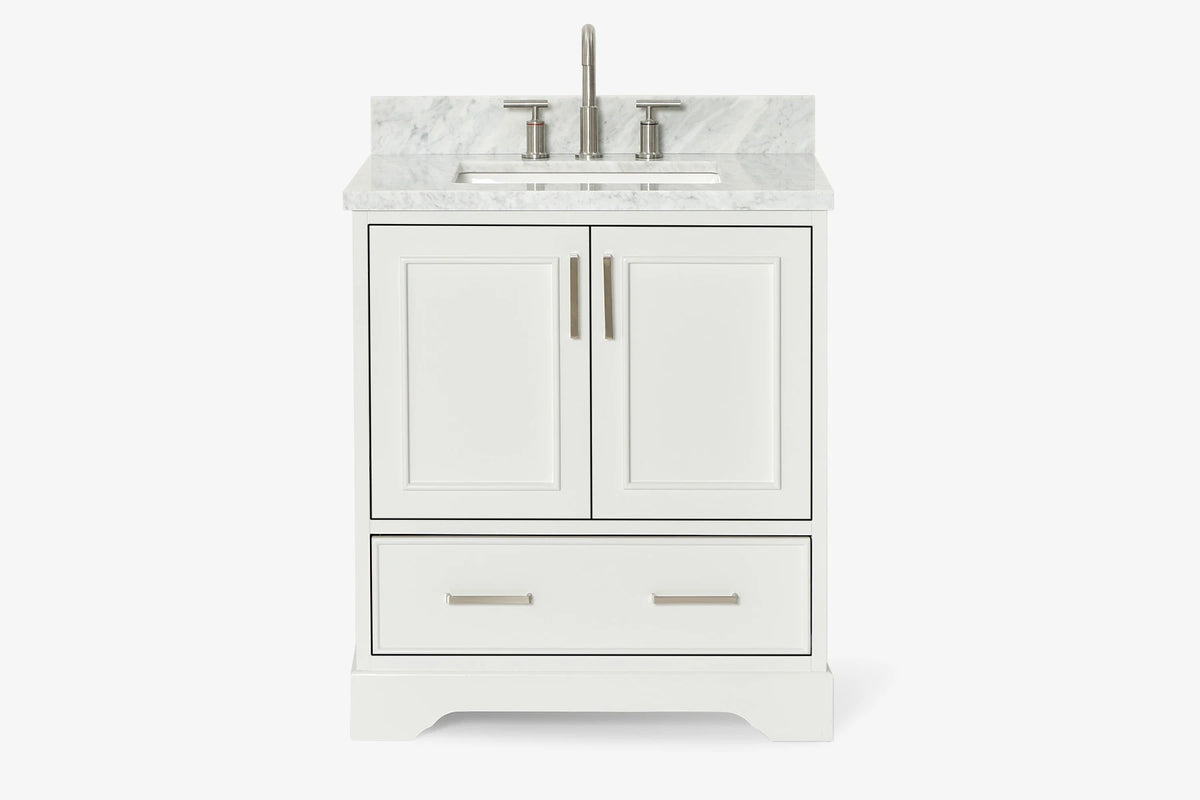Ariel stafford 30.5 in. single rectangle sink vanity with carrara white marble countertop w/0.75" edge in white