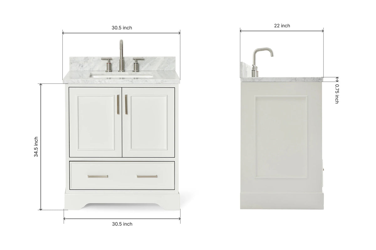 Ariel stafford 30.5 in. single rectangle sink vanity with carrara white marble countertop w/0.75" edge in white