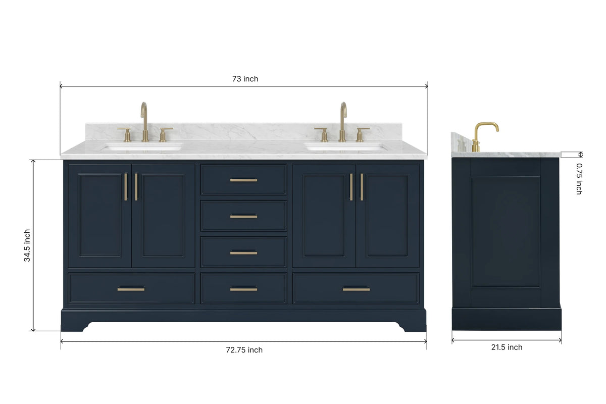 Ariel stafford 73 inch double rectangle sink vanity with carrara white marble countertop w/0.75" edge in white
