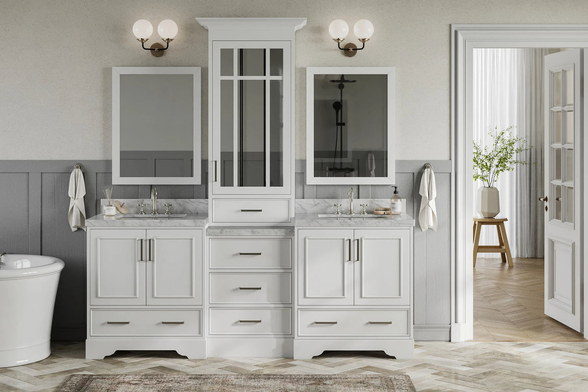 Ariel stafford 85 in. double rectangle sink vanity set with 1.5 in. carrara white marble countertops in white